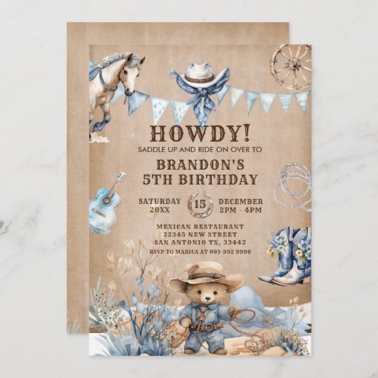 ウエスタンカウボーイロデオ子供の誕生日招待状 招待状 (正面/裏面)