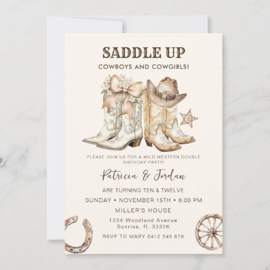 ウエスタンカウボーイ女性のカーボーイジョイント誕生日 招待状 (正面)