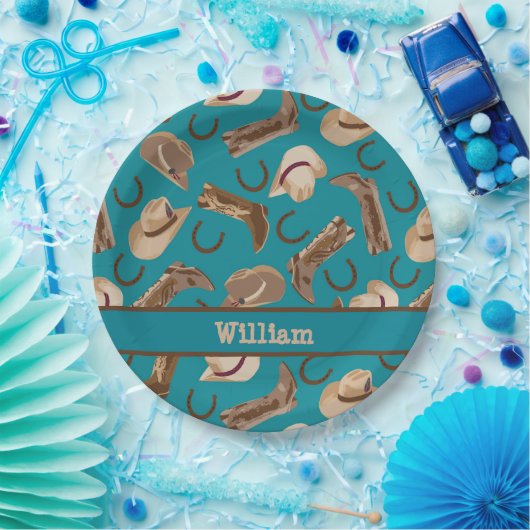 ウエスタンカウボーイ女性のカーボーイブーツハットターコイズティール(緑がかった色) ペーパープレート (パーティー)