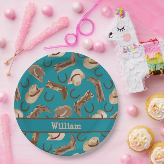 ウエスタンカウボーイ女性のカーボーイブーツハットターコイズティール(緑がかった色) ペーパープレート (パーティー)