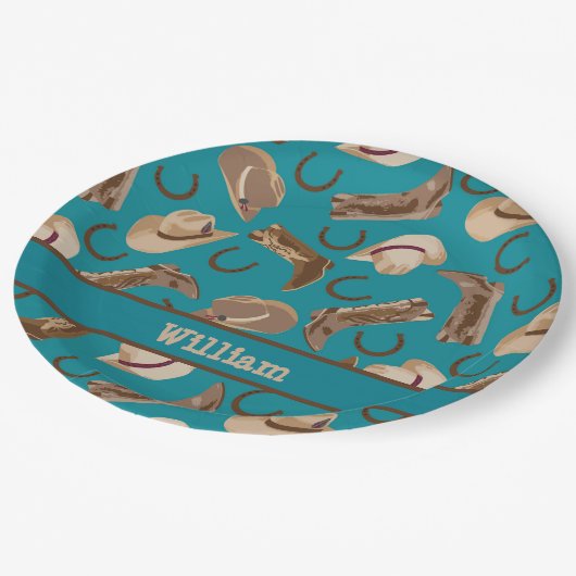 ウエスタンカウボーイ女性のカーボーイブーツハットターコイズティール(緑がかった色) ペーパープレート (アングル)