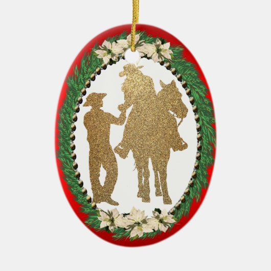 ウエスタンカウボーイ女性のカーボーイホース セラミックオーナメント (正面)