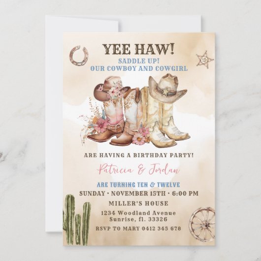 ウエスタンカウボーイ女性のカーボーイ兄弟姉妹ツイン誕生日 招待状 (正面)