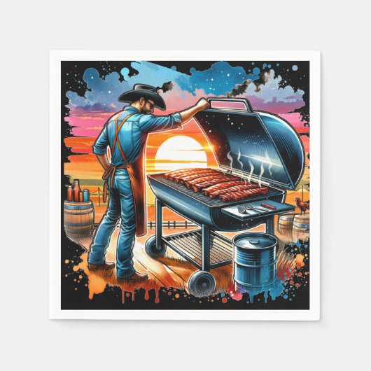 ウエスタンカウボーイBBQピットと調理師 スタンダードカクテルナプキン (正面)
