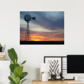 ウエスタンカンザスサンセットと風車 ポスター (ホームオフィス)