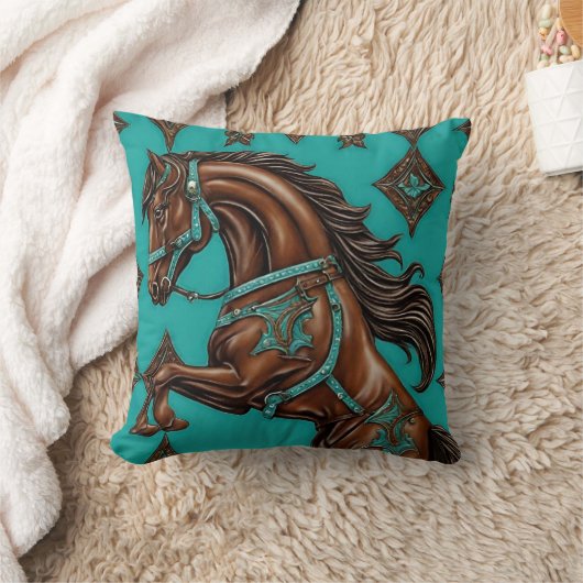 ウエスタンカントリーエクエストリアンターコイズブラウンホース クッション (ブランケット)