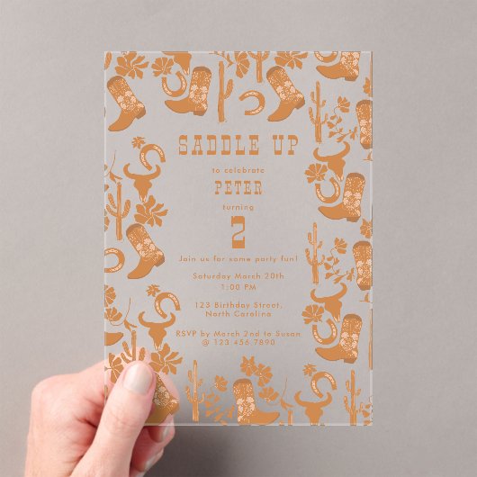 ウエスタンカントリーカウボーイブーツサドルアップ誕生日 アクリル招待状 (インサイチュ (ポータブル))