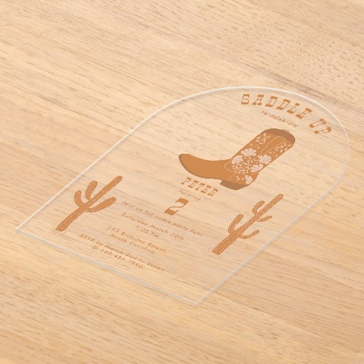 ウエスタンカントリーカウボーイブーツサドルアップ誕生日 アクリル招待状 (レイダウン)