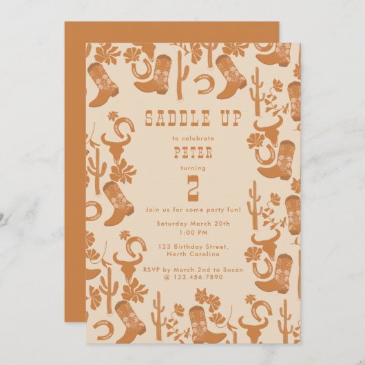 ウエスタンカントリーカウボーイブーツサドルアップ誕生日 招待状 (正面/裏面)