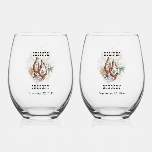 ウエスタンカントリーカウボーイボホカウウスカル結婚ズ ステムなしワイングラス (正面)