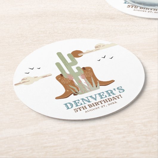 ウエスタンカントリーカウボーイ誕生日 素朴 ラウンドペーパーコースター (アングル)