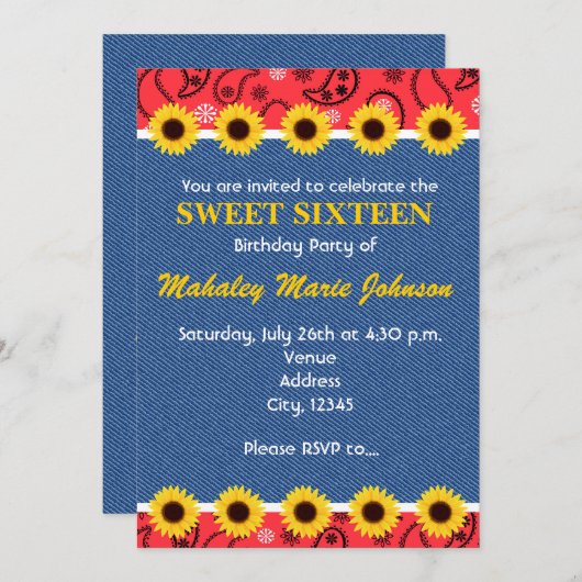 ウエスタンカントリーサンフラワーズデニムバンダナパーティー 招待状 (正面/裏面)