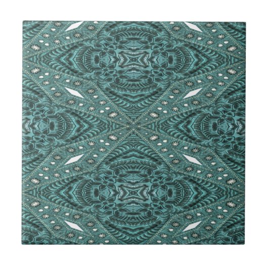 ウエスタンカントリーファッションティール(緑がかった色)ターコイズレザー タイル (正面)