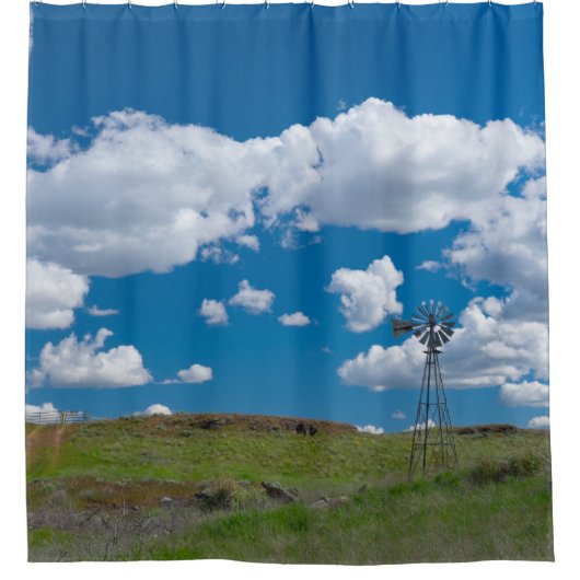 ウエスタンカントリーファームヴィンテージ風車 シャワーカーテン (正面)
