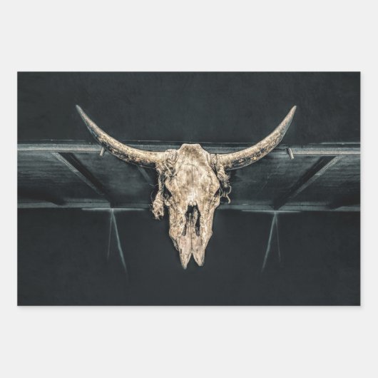 ウエスタンカントリーベージュグレイ素朴ブルカウズスカル ラッピングペーパーシート (正面)