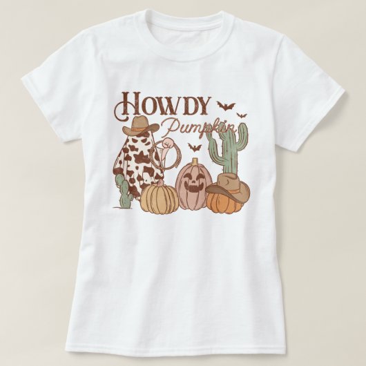 ウエスタンカントリー女性のカーボーイハウディパンプキンハロウィン Tシャツ (デザイン正面)