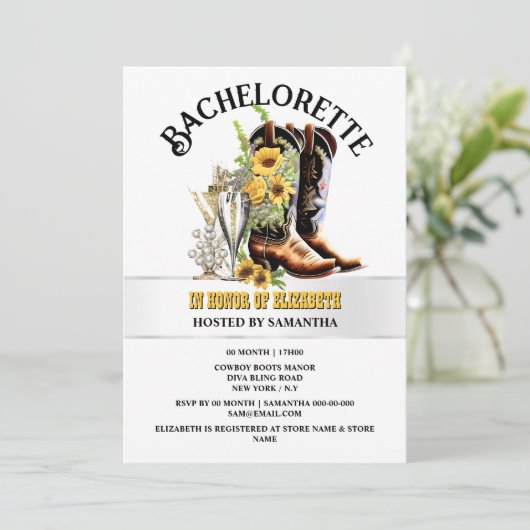 ウエスタンカントリー女性のカーボーイブーツ黄色の泡立つガラス 招待状 (スタンド正面)