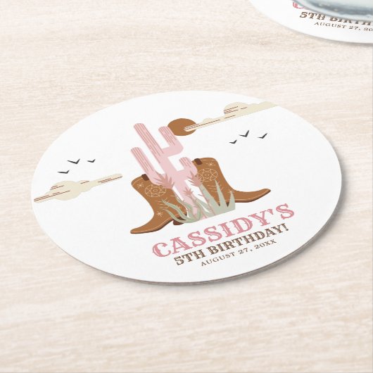 ウエスタンカントリー女性のカーボーイ誕生日 素朴 ラウンドペーパーコースター (アングル)