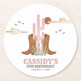 ウエスタンカントリー女性のカーボーイ誕生日 素朴 ラウンドペーパーコースター