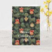 ウエスタンクリスマスレッドカウボーイ女性のカーボーイツリーオーナメント カード (黄色い花)