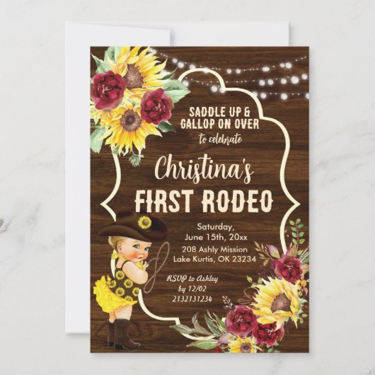 ウエスタンサンフラワーバラ女性のカーボーイファースト誕生日 招待状 (正面)