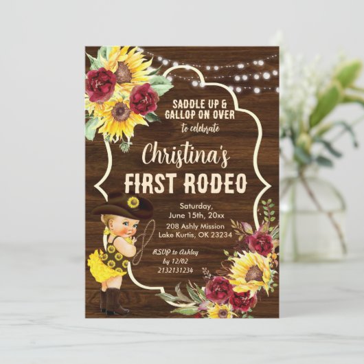 ウエスタンサンフラワーバラ女性のカーボーイファースト誕生日 招待状 (スタンド正面)