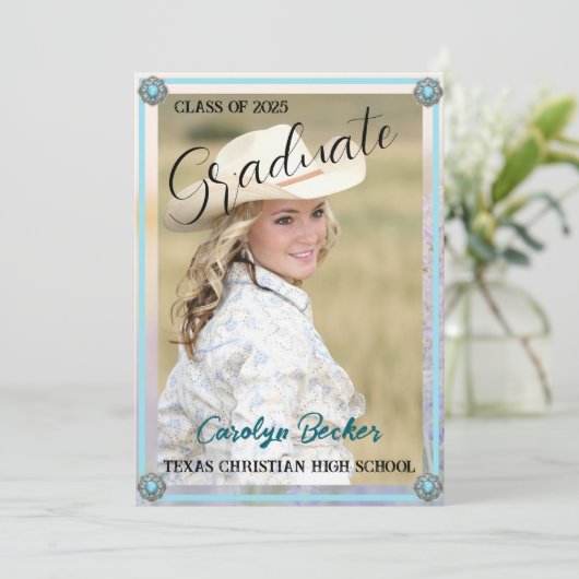 ウエスタンスタイル女性のカーボーイ写真卒業招待状 サンキューカード (スタンド正面)