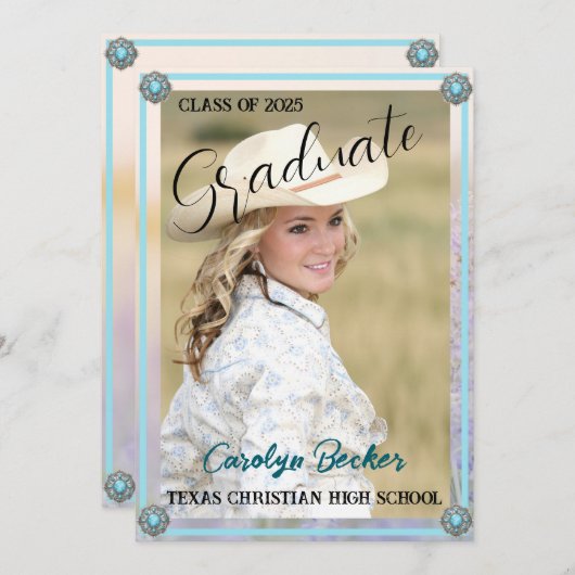 ウエスタンスタイル女性のカーボーイ写真卒業招待状 サンキューカード (正面/裏面)