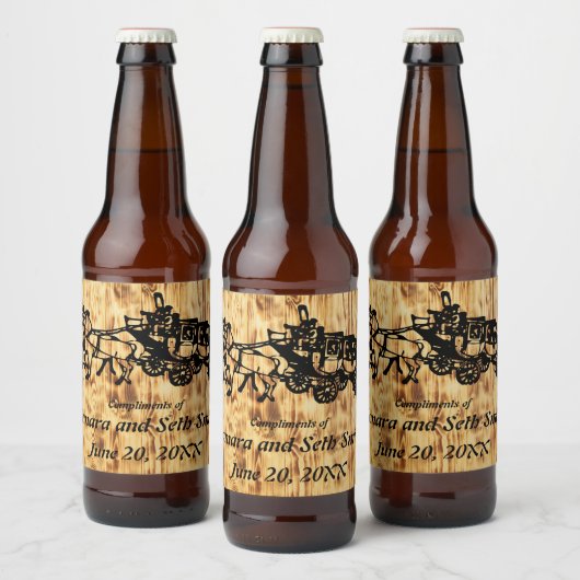 ウエスタンスタイル木製ボードと駅馬車 ビールラベル (ボトル)