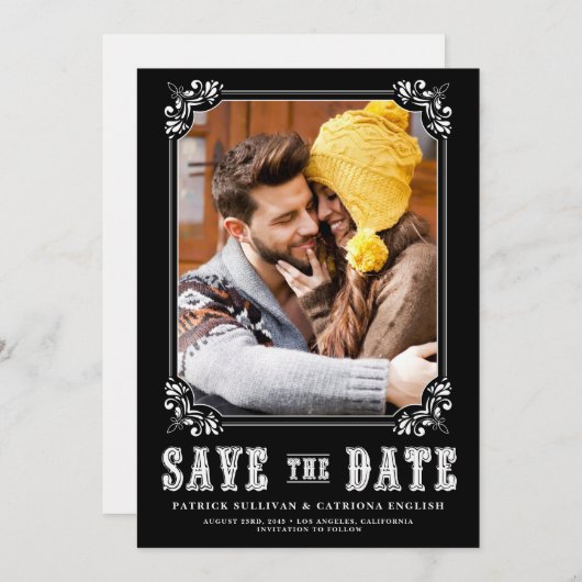 ウエスタンタイポグラフィフォトフレームブラック セーブザデート (正面/裏面)