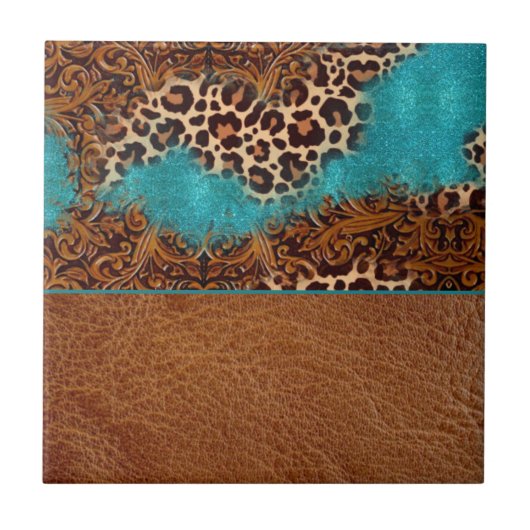 ウエスタンターコイズグリッターフローリッシュレザーヒョウ タイル (正面)
