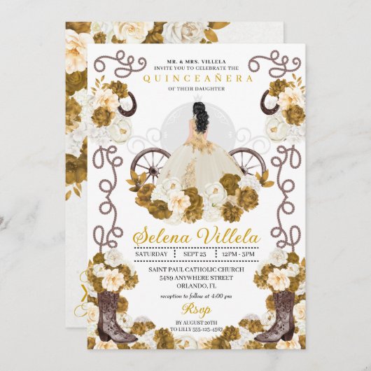 ウエスタンチャロプリンセスアイボリー&金ゴールドキンセアニラ 招待状 (正面/裏面)