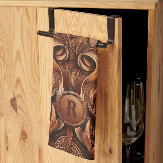 ウエスタンツードレザープリントカスタムイニシャル キッチンタオル (三つ折り)