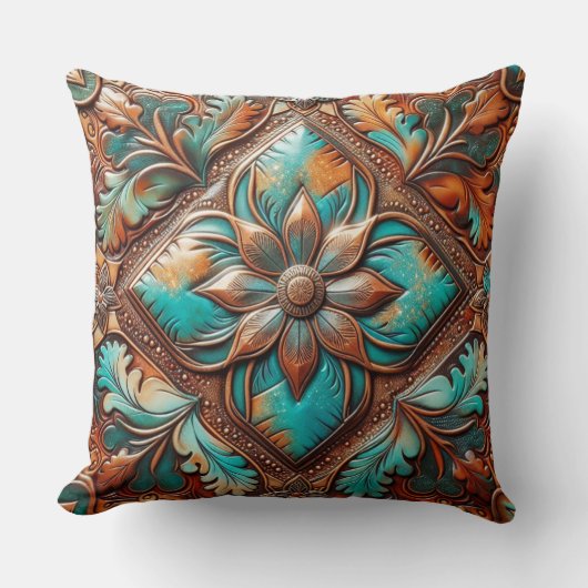 ウエスタンツーリドレザープリントターコイズ銅 クッション (正面)