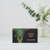 ウエスタンティール（緑がかった色）ブラウン金ゴールド素朴ヴィンテージブルスカル 名刺 (スタンド正面)