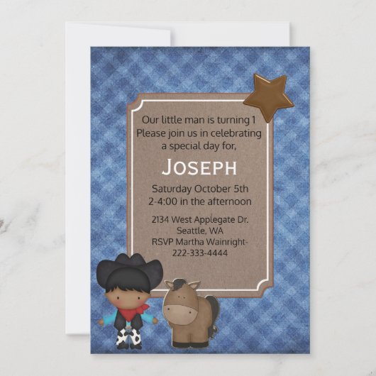 ウエスタンテーマド男の赤ちゃんファースト誕生日 招待状 (正面)