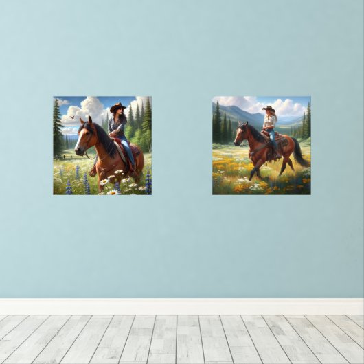 ウエスタンデコール女性のカーボーイライディングホースプリントセット (ウッドフロア)