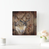 ウエスタンドリームキャッチャー先住民アメリカインディアン狼 スクエア壁時計 (ホーム)