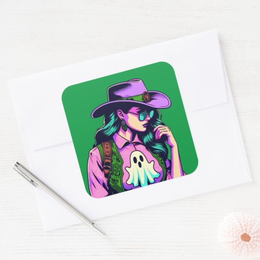 ウエスタンハロウィーン女性のカーボーイ幽霊ポップ・アートのアートステッカー スクエアシール (封筒)