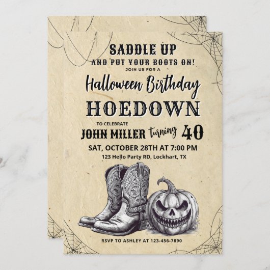 ウエスタンハロウィーン誕生日ホームダウンカウボーイ 招待状 (正面/裏面)
