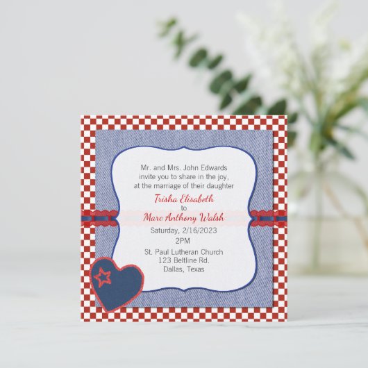 ウエスタンハートとチェック結婚式招待状 招待状 (スタンド正面)