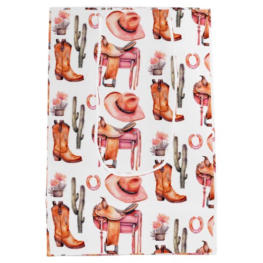 ウエスタンピンクオレンジ女性のカーボーイラッピング紙 ミディアムペーパーバッグ (裏面)