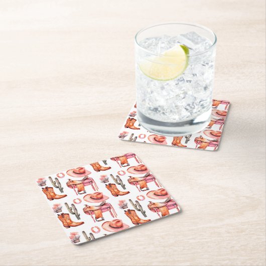 ウエスタンピンクオレンジ女性のカーボーイ スクエアペーパーコースター (インサイチュ)