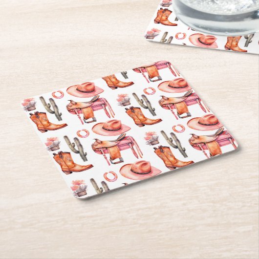 ウエスタンピンクオレンジ女性のカーボーイ スクエアペーパーコースター (アングル)
