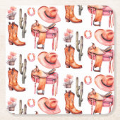 ウエスタンピンクオレンジ女性のカーボーイ スクエアペーパーコースター (正面)