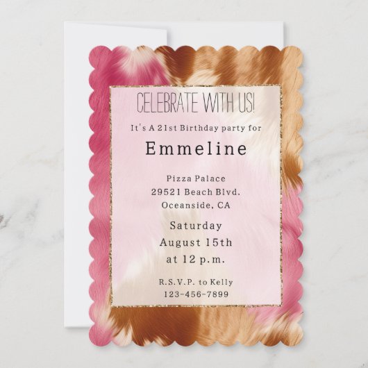 ウエスタンピンククリームブラウン金ゴールド女性のカーボーイ牛革 招待状 (正面)