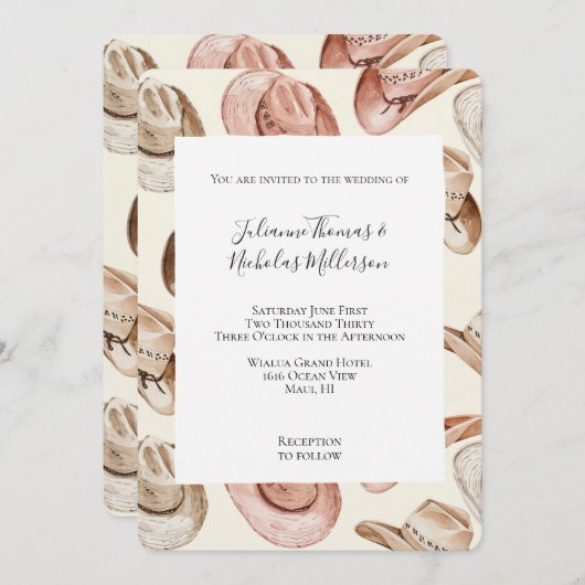 ウエスタンピンククリーム女性のカーボーイカウボーハット結婚ズ 招待状 (正面/裏面)