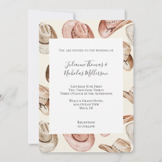 ウエスタンピンククリーム女性のカーボーイカウボーハット結婚ズ 招待状 (正面)