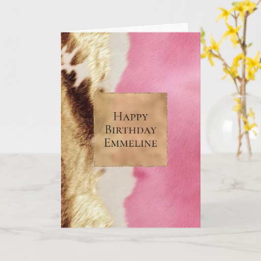 ウエスタンピンククリーム金ゴールド女性のカーボーイ牛革 カード (黄色い花)