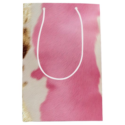 ウエスタンピンククリーム金ゴールド女性のカーボーイ牛革 ミディアムペーパーバッグ (正面)